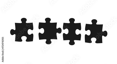 Four black puzzle pieces connected forming a line concept of teamwork and solution vector