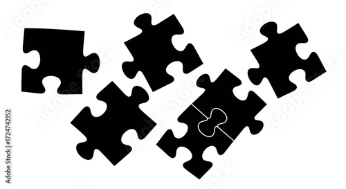 Scattered black puzzle pieces representing connection strategy problem solving and solutions vector