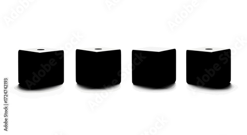 Four black cubes arranged uniformly on a clean white surface studio shot vector
