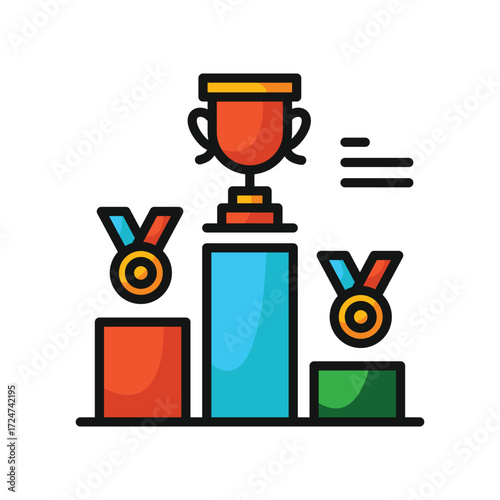 Podium with trophy and medals indicating awards and victory