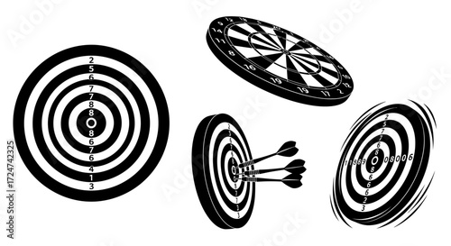 Collection of rustic dartboards with arrows in various perspectives and styles vector