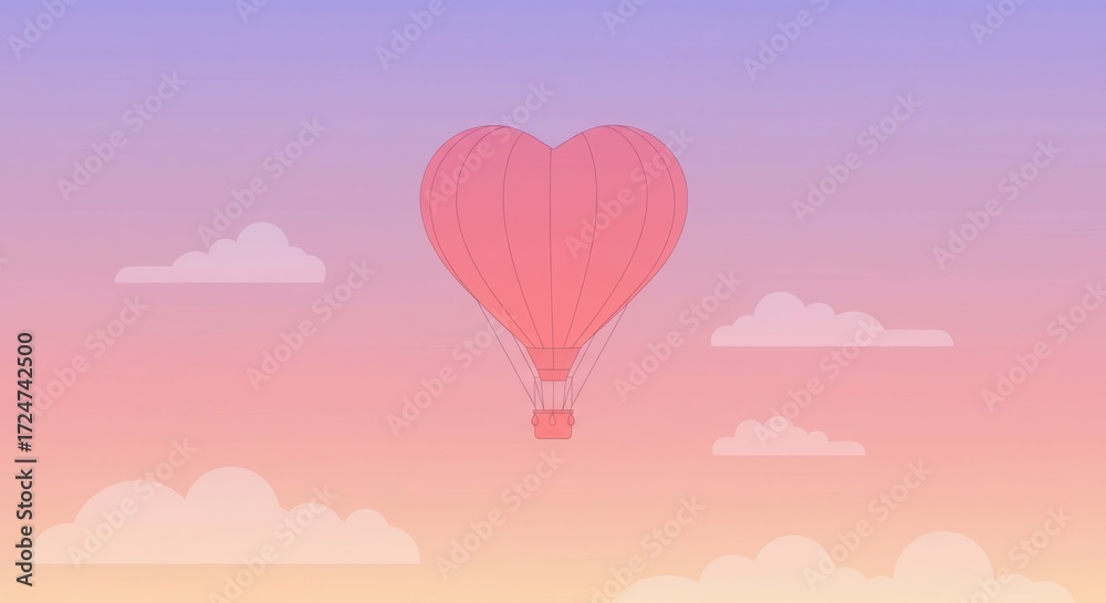 Fototapeta premium A heart-shaped hot air balloon floats serenely against a soft, pastel sunset sky filled with fluffy clouds.