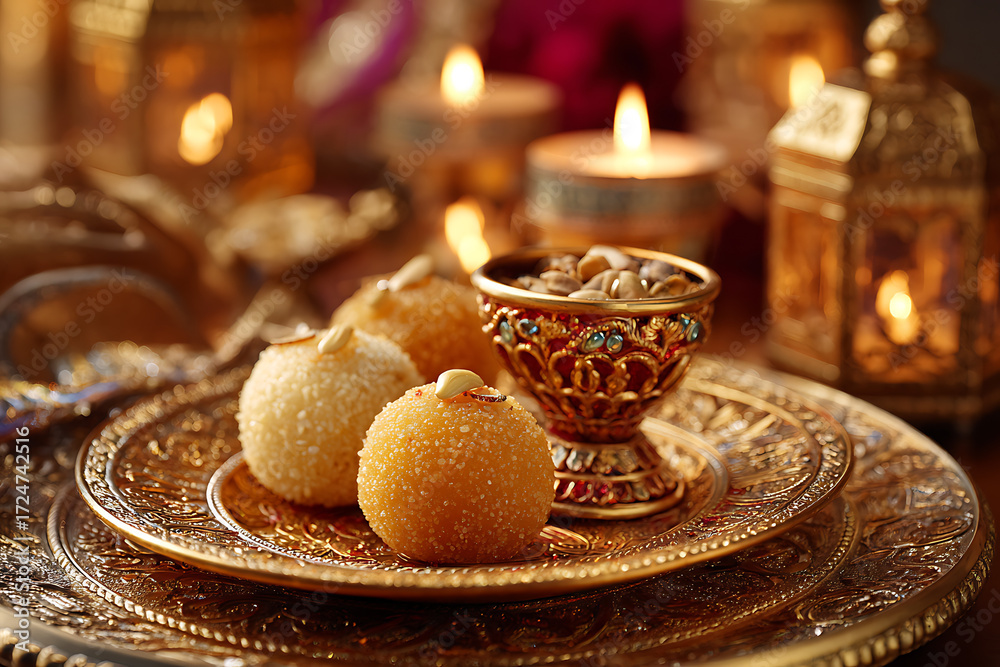Fototapeta premium Celebrate Diwali with traditional sweets and warm glowing lanterns, a festive and delicious treat for a memorable holiday celebration