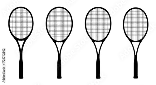 Four tennis rackets arranged in a row isolated on white simple line art sport equipment vector