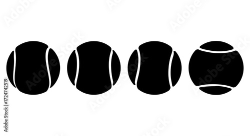 Four black tennis balls side by side with white seams sports equipment vector