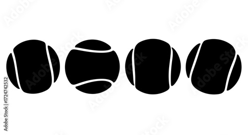 Four silhouetted tennis balls displayed in a row with white lines representing seams vector