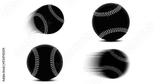 Four black baseballs in motion isolated on white showcasing action and speed vector