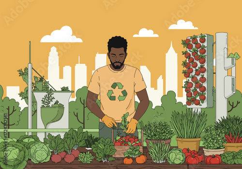 Urban farmer tending rooftop garden amidst city skyline, harvesting fresh produce from vertical farms.