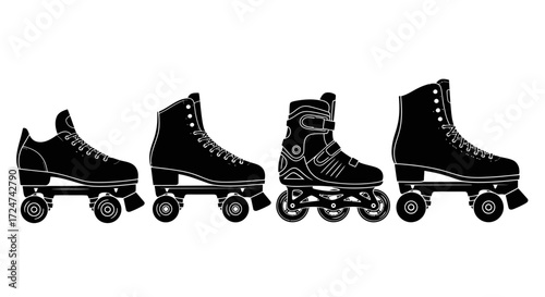Four black roller skates in a row showing different styles and sizes on white vector