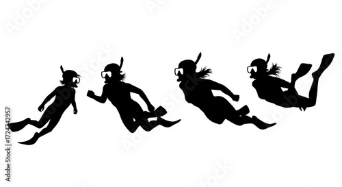 Silhouettes of four divers underwater ascending in dynamic poses and ocean activities vector