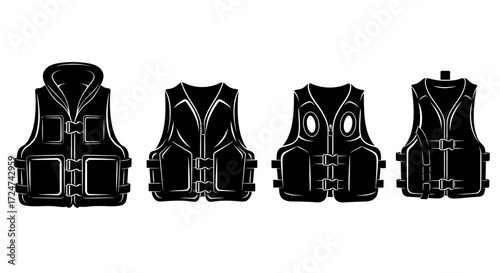 Four black fishing vests displayed in a row for outdoor activities vector