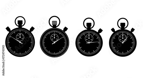 Four vintage stopwatch icons representing time measurement and speed in a series vector