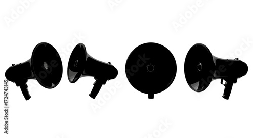 Four black megaphones silhouetted against white announcing message communication sound amplification group vector