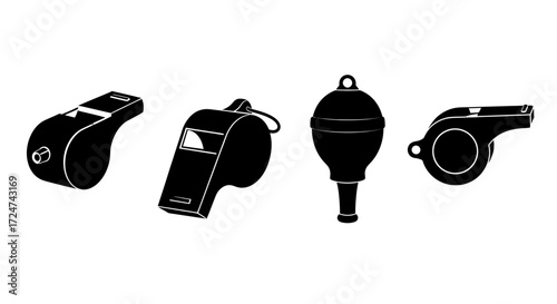 Collection of four black whistles diverse styles for sports referee and safety signal equipment vector