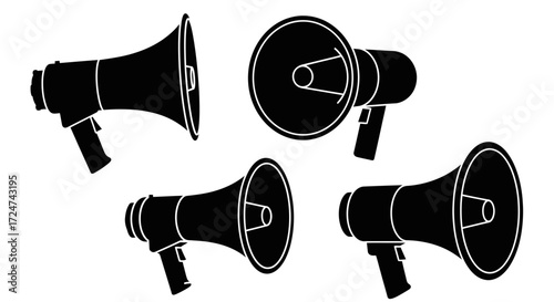 Set of four black megaphone silhouettes for announcements promotions and public address messages vector