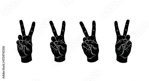 Four black hands displaying peace victory hand gestures isolated on vector