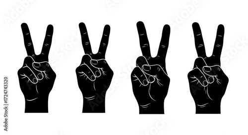 Four black hands making the victory peace sign gesture in a row isolated on white vector