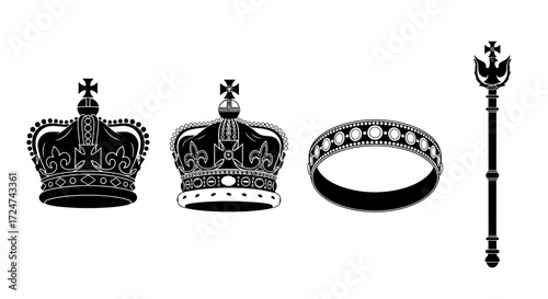 Royal regalia symbols featuring crowns rings and scepter for heraldry and history collections vector