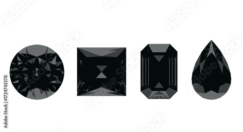 Collection of four faceted black gemstones in different cuts including round princess emerald and pear shapes vector