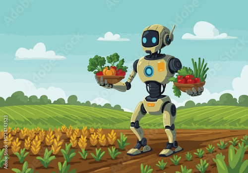 A beige robot stands in a field, holding baskets of vegetables, a scene of futuristic farming.