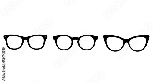 Three diverse styles of black framed eyeglasses lined up side by side isolated vector