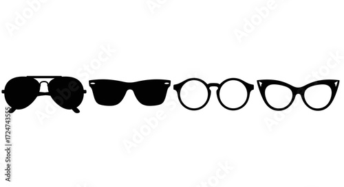 Four styles of eyewear including sunglasses and glasses in silhouette vector