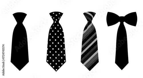 Four distinct neckties and a bow tie showcase formal wear accessories in diverse patterns vector