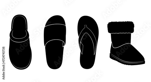 Collection of footwear silhouettes featuring slippers flip-flops and boots for comfort and style vector