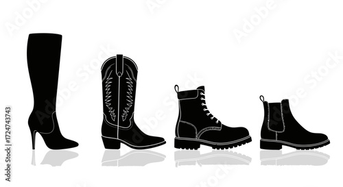 Collection of diverse black boot silhouettes footwear fashion styles for modern wardrobe vector