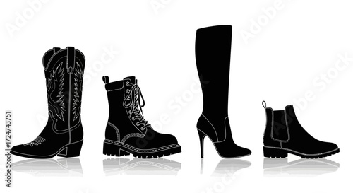 Collection of four diverse black boots for women showcasing different styles and heights on white studio background vector