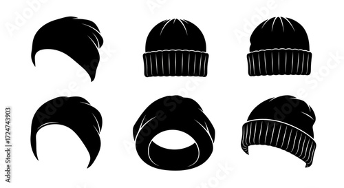 Collection of six black beanie hats in different styles and angles vector