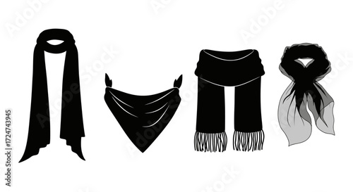 Collection of four elegant black scarves displayed individually for fashion accessories showcase vector