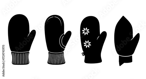 Set of four black mittens with different designs cozy winter handwear for cold weather protection vector