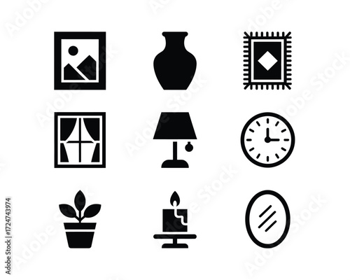 Set of 9 minimalist black and white icons featuring home decor objects for scalable vector graphics and eps design vector