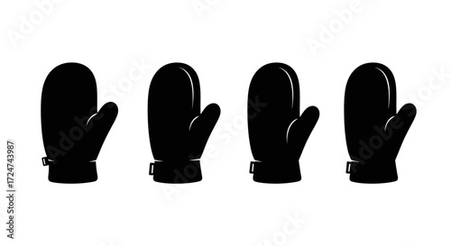 Four black winter mittens lined up uniformly isolated on a white surface for warmth vector