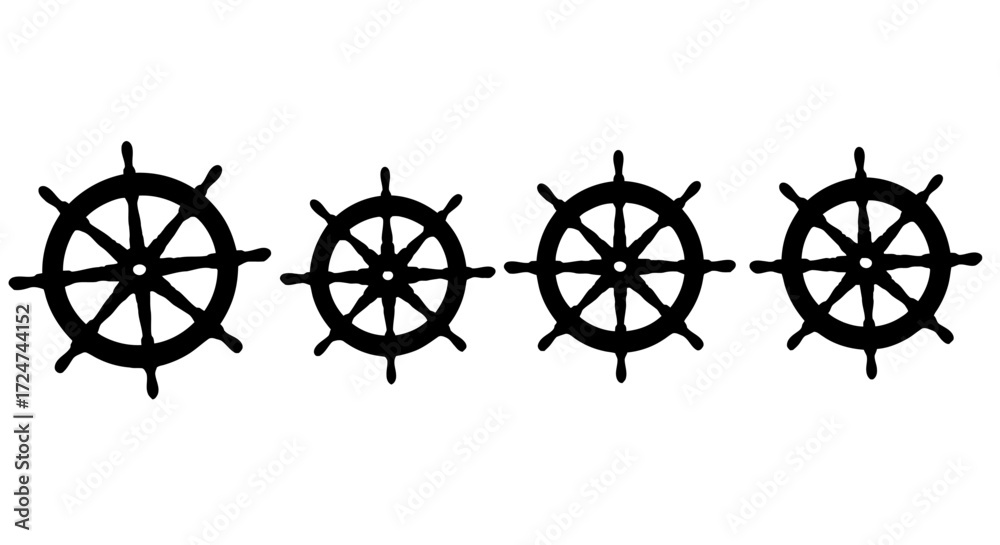 Fototapeta premium Four nautical ship steering wheels arranged in a row for maritime adventure and navigation vector