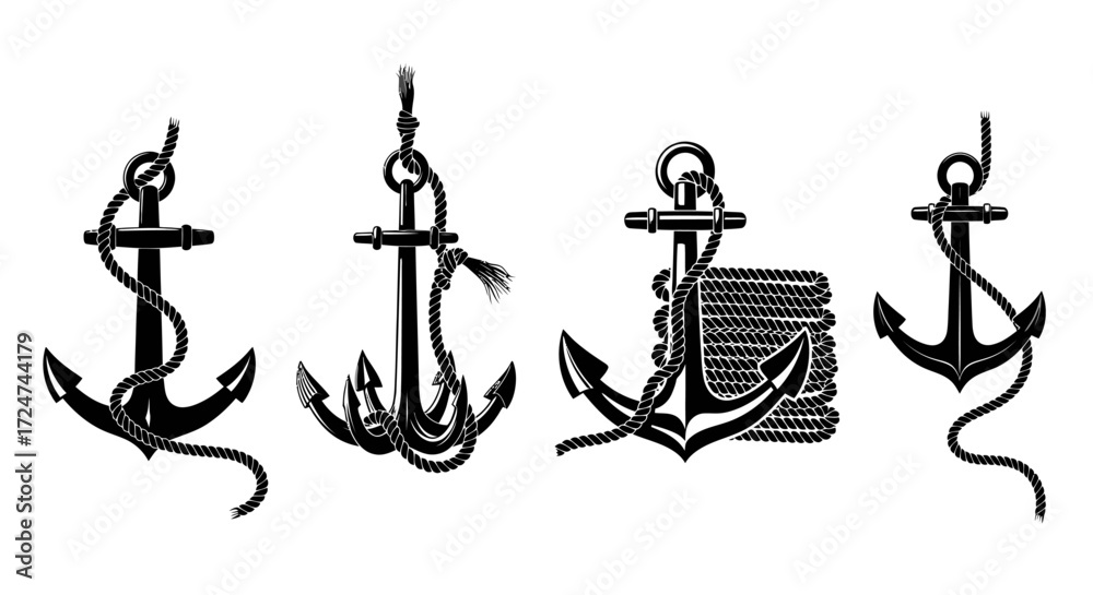 Naklejka premium Four classic maritime anchors with ropes nautical symbols vintage style design elements vector