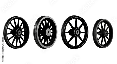 Collection of four black spoke wheels for vehicles and machinery vector