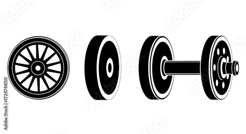 Collection of industrial train wheels and carriage wheels in various perspectives vector