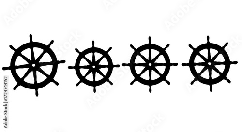 Four nautical ship steering wheels arranged in a row for maritime adventure and navigation vector