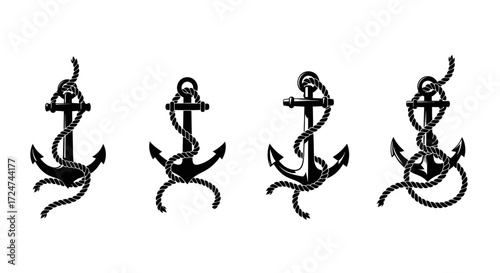Collection of four vintage nautical ship anchors with ropes detailed hand drawn style vector
