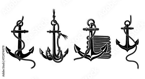 Four classic maritime anchors with ropes nautical symbols vintage style design elements vector