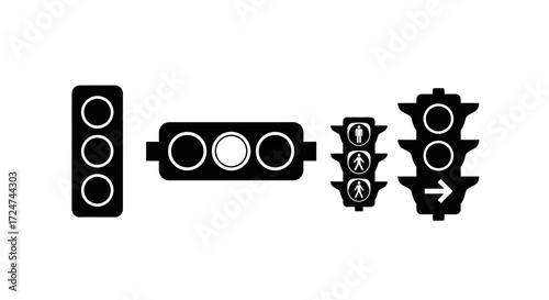 Set of traffic signals four distinct designs showing vertical horizontal and directional lights vector
