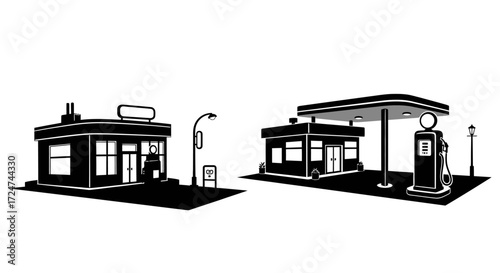 Vintage gas station and convenience store black and white silhouette rendering vector