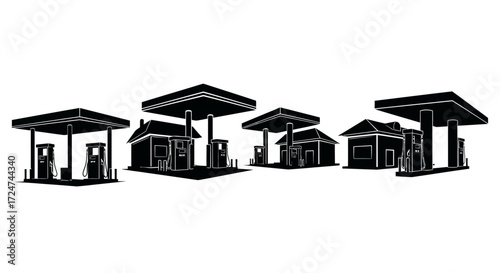 Row of classic gas stations with pumps under canopies architectural style detail vector