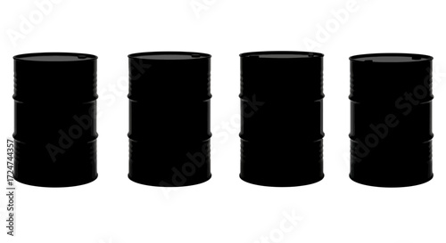 Four black industrial barrels lined up isolated on a clean vector