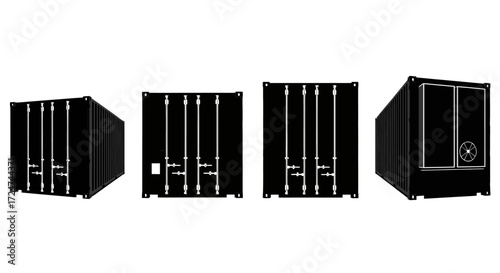 Four silhouette shipping containers viewed from different angles on a vector