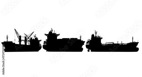 Three distinct cargo ships silhouette collection maritime transportation and logistics symbols vector