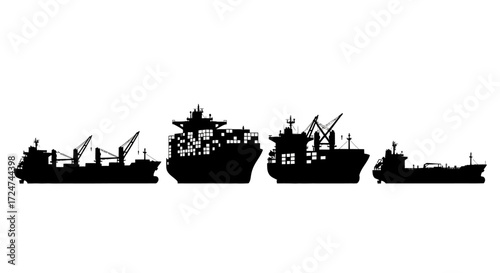 Silhouette of a fleet of industrial ships in a maritime port scene maritime industry logistics vector