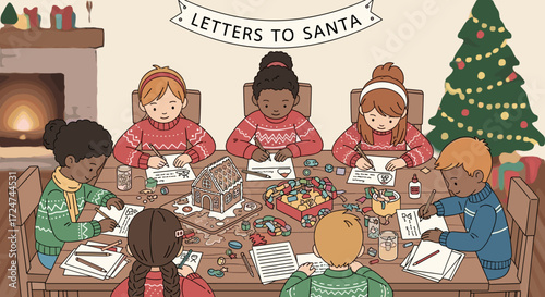 Heartwarming scene of a diverse group of young friends writing their traditional holiday letters in a festive room with a tree and fireplace